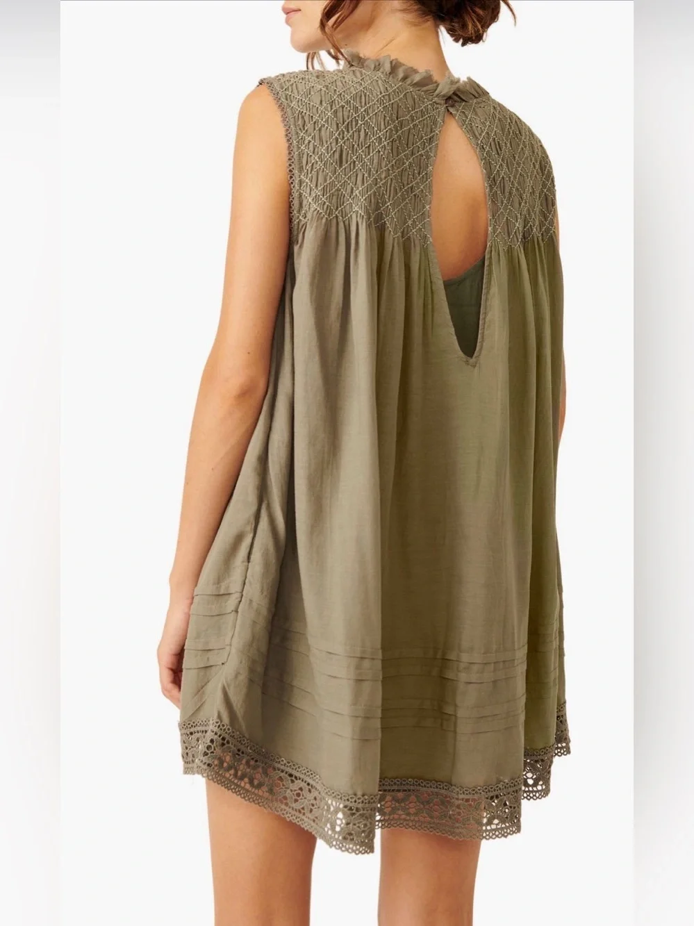 Free People Shea Smocked Yoke Shift Mini Dress Dried Basil Green Olive XS